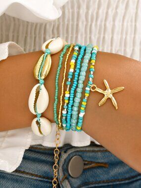 Boho Blue Gold Starfish Shell Beaded 7 Layer Stack Bracelet Set Coastal Luxe NEW